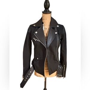 NWT BCBGMAXAZRIA Black Moto Biker Jacket Vegan Leather Trim Belted size XXS